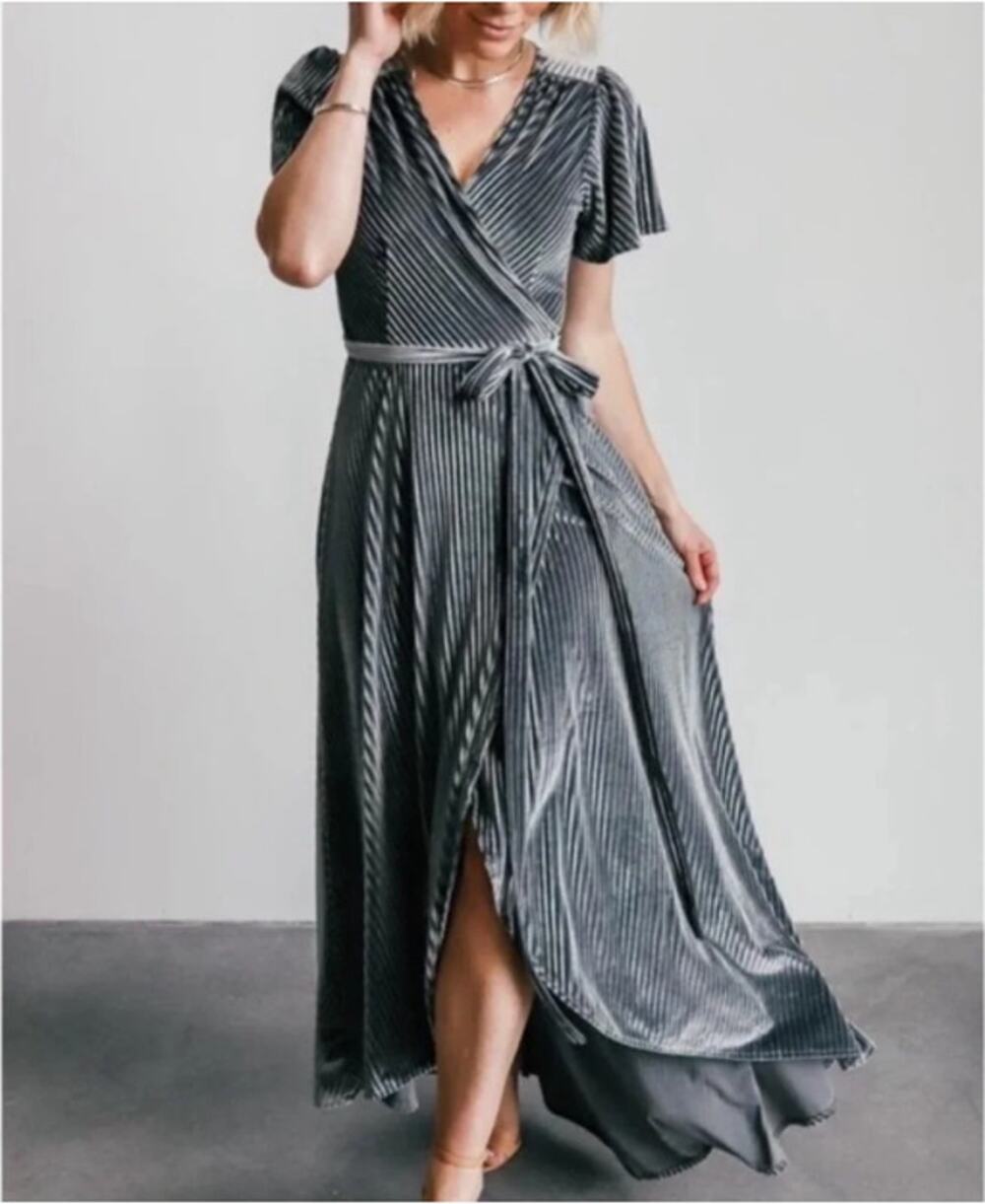 Baltic Born Womens Andi Ribbed Velvet Wrap Dress Size L Maxi Bridesmaid Formal